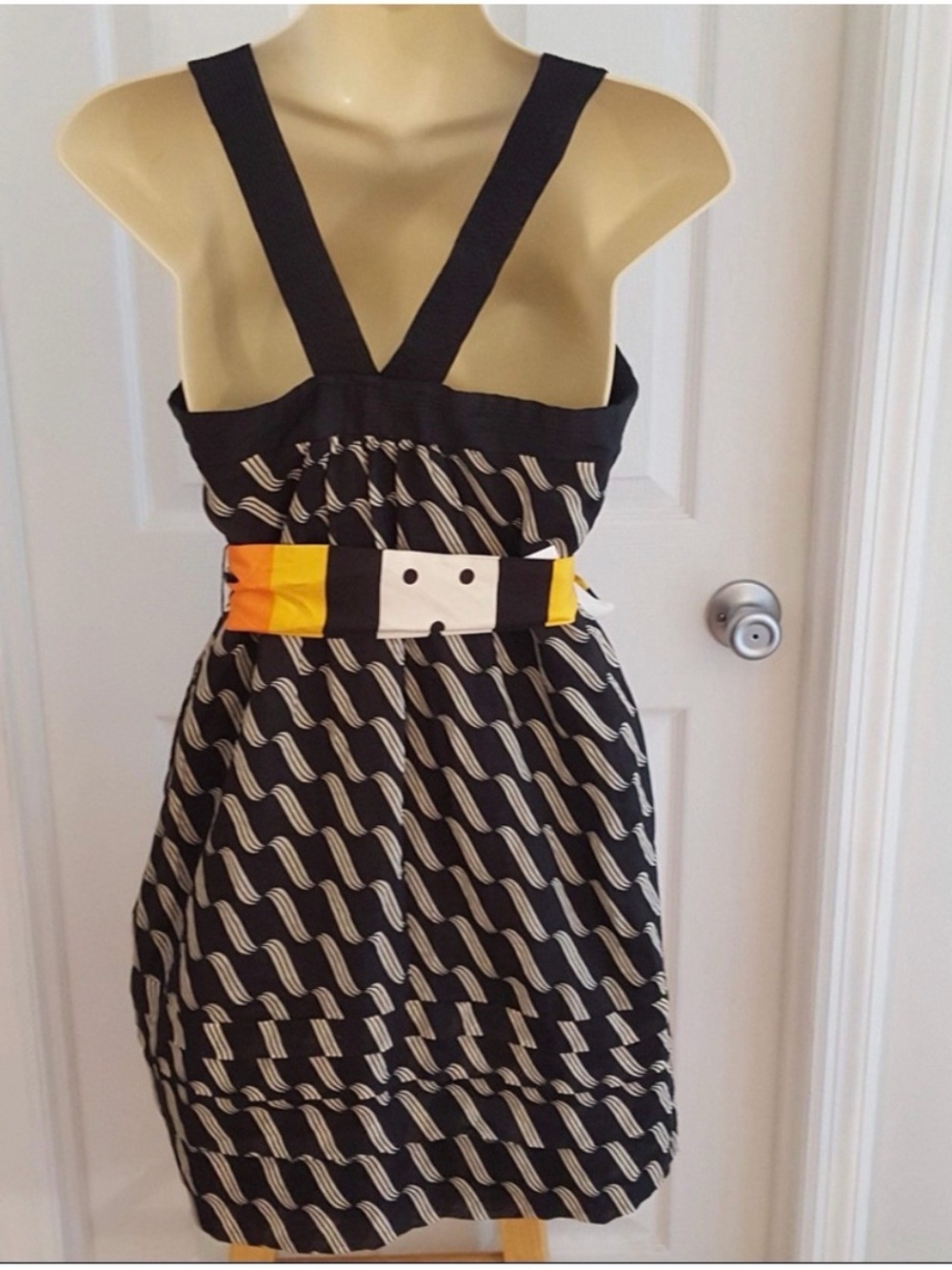 Maeve Black Patterned Mini Dress with Orange Accent Sash - Picture 3 of 6